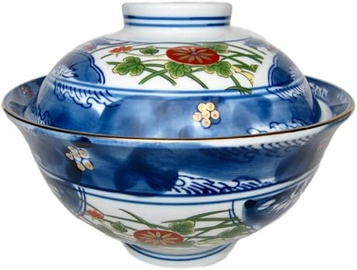 Japanische Mino Ware Somenishiki Koimari Donburi Ramen Nudelsuppe Reisschale mit Deckel, 15,5 cm Durchmesser
