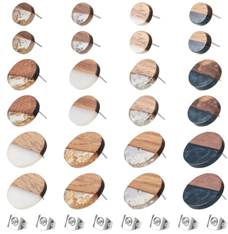 Spritewelry Lot de 24 boucles d'oreilles à tige rondes plates en résine et bois de noyer avec écrous d'oreille pour femme