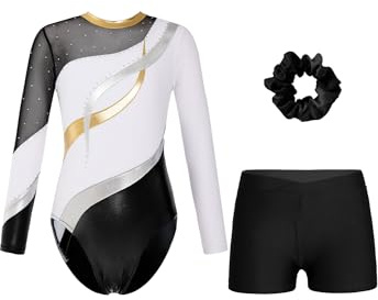 Alvivi Kinder Mädchen Turnanzug Glitzer Gymnastikanzug mit Kurze Hose Haarband Langarm Ballettanzug Gymnastikbody Turntrikot Wettbewerb Tanzkostüm
