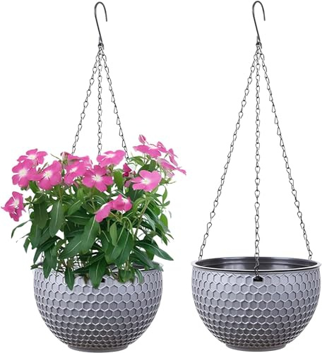 WOWEI Hängende Blumenampel 2er Set Selbstbewässerung Hängepflanztöpfe mit Wasserspeicher & Ablaufloch Bienenwabe Hängekorb Hängeampel Blumenampel Makramee für Pflanzen mit Ketten (Grau, M:2er Set)