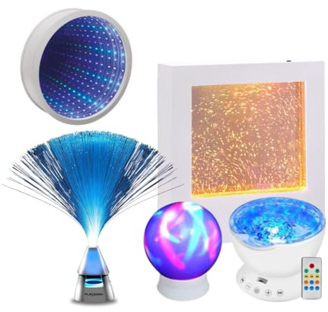 Playlearn Sensory Light 22cm Colour Changing Glitter Filled Square LED-23cm Infinity Mirror Tunnel Light-Ocean Wave Projector Lamp,Fibre Optic Lamp with Wireless Speaker for Home Decor(Set of 5)