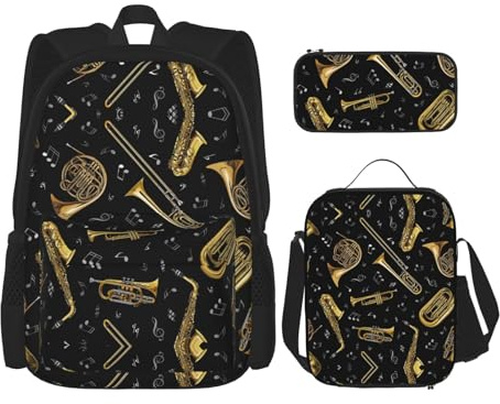 SUHNGE 3-in-1 Büchertaschen-Set mit mexikanischem Otomi-Tierdruck, verstellbarer Schulter-Rucksack, Lunch-Tasche, Federmäppchen, Beutelbox, Musikinstrumente, Einheitsgröße