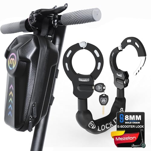 Mezelon Rollerschloss, Sicherheitskettenschloss mit wasserdichter Tasche, 65 cm | 8mm Kette Diebstahlschutz Kratzfest mit 3 Schlüsseln Geeignet für Elektroroller/E-Bikes, Pendeln & Outdoor
