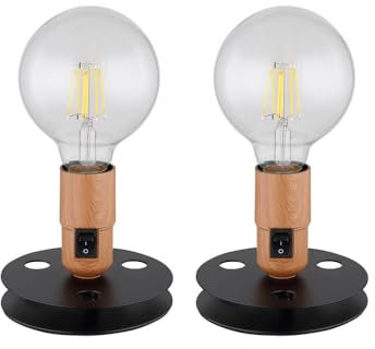 Tischlampe Vintage Nachttischlampe Industrial schwarz Tischlampenfuss ohne Schirm, Holzoptik Metall, 1x E27, DxH 12x9 cm, 2er Set