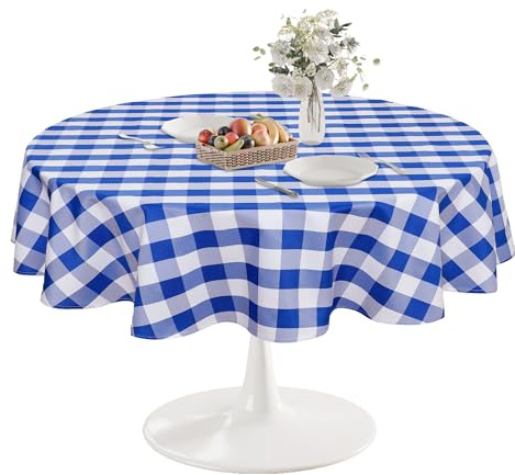 DWCN Rutig bordsduk rund 120 cm bordsduk utomhus bordsduk tvättbar väderbeständig fläckskydd vattentät bordsduk för utomhus picknick matsal trädgård fest bröllop, blå och vit