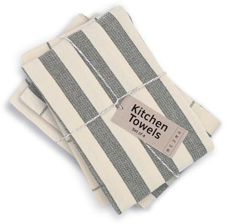 MEEMA Kitchen Towels and Dishcloths Sets of 4 | Large 18 x 28 Inch | Upcycled Cotton Tea Towel | Super Absorbent Cotton Dish Towels for Kitchen | Charcoal Stripes | Hand Towels