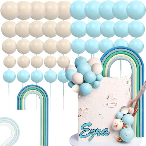 LaVenty 41 PCS Blue Rainbow Ball Cake Toppers Colorful Rainbow Cake Topper | Pastel Color Balls Cupcake Toppers for Birthday Baby Shower Wedding Party