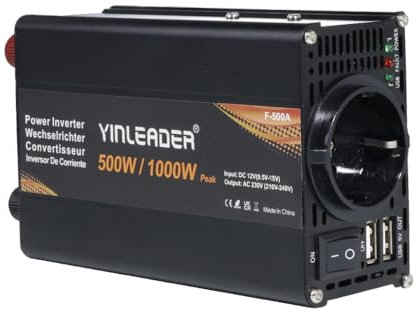 Yinleader Wechselrichter 500W /1000W DC 12V auf 230V AC und 1 EU Steckdose 2 USB LED KFZ-Spannungswandler