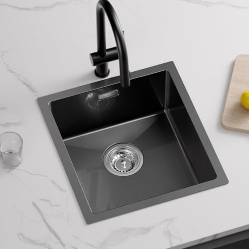 CECIPA Spüle Schwarz Anthrazit 40x44cm, Spülbecken Küche Edelstahl Eckig | Küchenspüle Moderne Edelstahlspüle, Einbauspüle Klein, Waschbecken Küche ab 40er Unterschrank, 1 Becken ohne Hahnloch