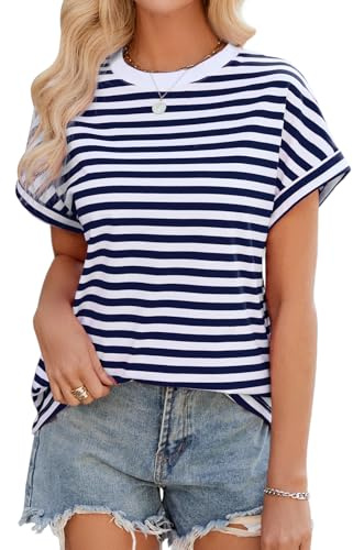 Xnova Women's Striped Oversized T-Shirts Summer Short Sleeve Breton Tops Color Block Crew Neck Ladies Casual Basic Tee Shirts, Blue and White, L