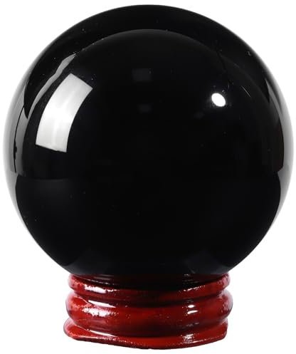 SUNYIK Esfera de bola de obsidiana negra natural con soporte de madera, esfera de piedra pulida, decoración para mesa, oficina en casa, 55-60 mm