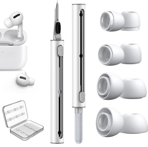 4 Pares Almohadillas para Airpods Pro y Airpods Pro 2 con Orificio para ReduccióN de Ruido, 3 in 1 Kit de Limpieza para Airpods, Tapones de Silicona de Almacenamiento PortáTil- XS/S/M/L