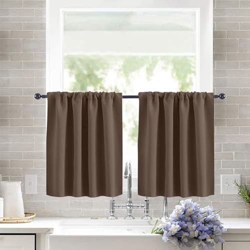 KnSam Scheibengardinen 2er Set Küche Gardinen Blickdicht Fenster Gardine Modern Wellenförmige Textur Kurzstores Elegant Bistrogardinen für Wohnzimmer Braun B 120 cm x H 60 cm, 2 Stück