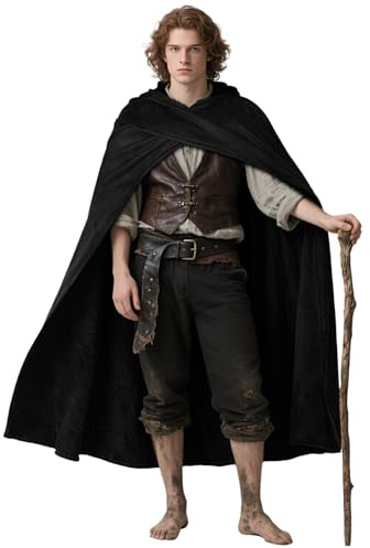 keland medeltida kappa med huva, renässans, huvkappa, hobbit, kostym (svart)