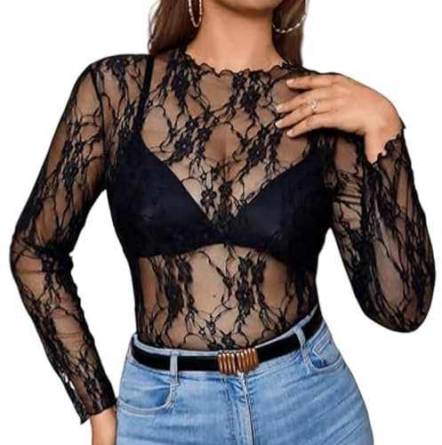 TUONYIS Maglietta Donna Trasparente Sexy Camicette Manica Lunga Maglie in Rete Maglie Eleganti Donna Nero Mesh Tops Clubwear T-Shirt in Tulle Tunica Bluse per Clubwear e Feste, Taglia Unica (Nero)