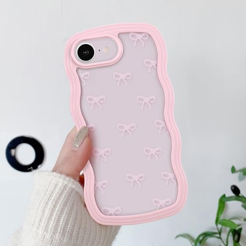 QLTYPRI Bow Case for iPhone 17e/iPhone 16e, Clear Cute Ribbon Bow Phone Case Curly Wavy Aesthetic Phone Case, Slim Soft Transparent Shockproof Protective Cover for Women Girls - Pink