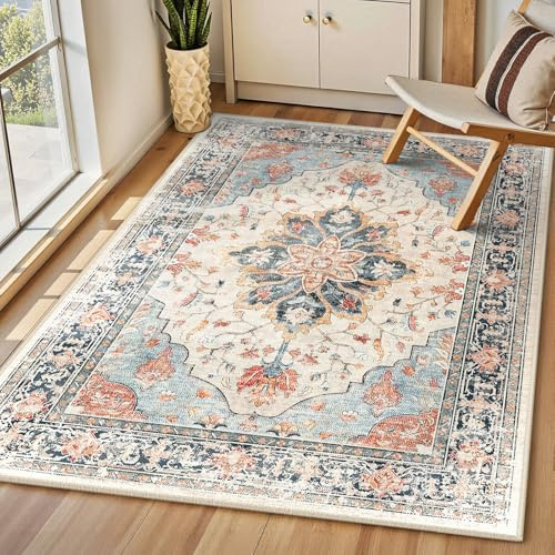INOVADAY Teppich Wohnzimmer Waschbar 90x150 cm Retro Beige/Blau/Orange | Teppich Schlafzimmer, Vintage Teppich Waschbar, Esszimmer, Büro, Kurzflor Rutschfest, Boho, Retro, Weich, OEKO, Gedruckte