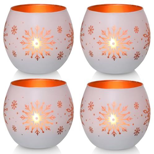 4er Set Glas Kerzenhalter mit Schneeflocken-Lasergravur - Kleiner Teelichthalter Weiß Gold, Weihnachtsdekoration, Winterdekoration für Tisch, Fensterbank, Garten