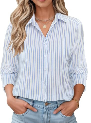 Rapbin Camisetas de Manga Larga para Mujer Camisas con Botones Damas Camisetas con Cuello en V Oficina Negocios Casual Blusas Túnica de Moda, L