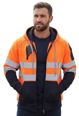 FASHIONISM Sweat à capuche réfléchissant haute visibilité pour homme avec 3 poches zippées, conforme à la norme ANSI, vêtement de travail haute visibilité pour entrepôt de construction