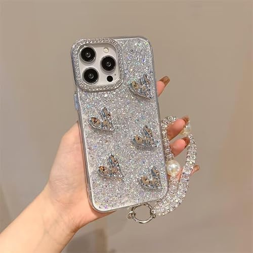 HAOFUGUI Funda con Brillos para Moto E20 / E30 / E40, 3D Corazones Lazo Carcasa, Pulsera de Perlas, Borde de Cámara con Strass, Mujeres Niñas Brillante Antichoque Funda-AX