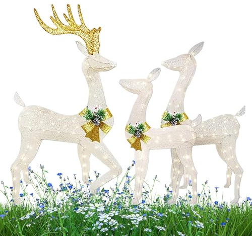 Generico Famiglia di cervi a LED di Natale-display renna illuminato in 3 pezzi per uso esterno e indoor | Figure di vacanze 3d acriliche illuminate per prato, balcone, scena invernale, arredamento di