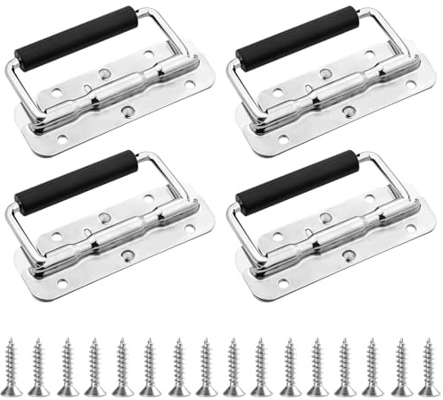 UESDU 4 Pcs Klappgriff, with 16 Stainless Steel Screws Carrying Handle 110 Mm Folding Handles with Rubber Grip for Boxes, Toolboxes, Doors, Storage Boxes (Silver)