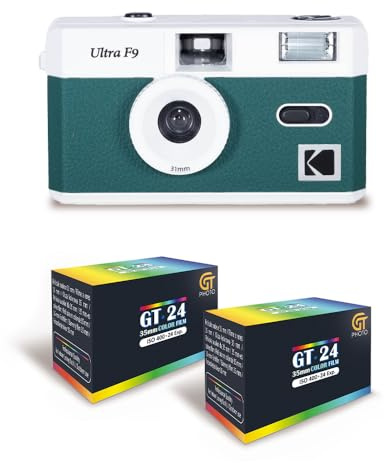 KODAK Ultra F9 - återanvändbar silverkamera, 35 mm, fast objektiv 31 mm F/9, inbyggd blixt, enkel laddning, manuell återspolning - nattgrön + 2 färgfilm 24 utställningar