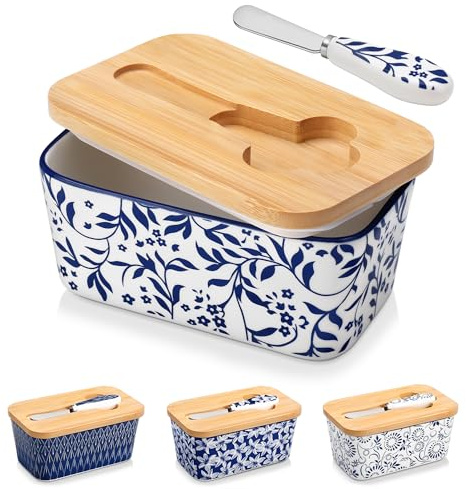 vancasso SELENE Butter Dish with Lid, 6.5 Large Butter Dish for Countertop, Ceramic Butter Keeper Container with Knife and Bamboo Lid, Delicate Floral Pattern