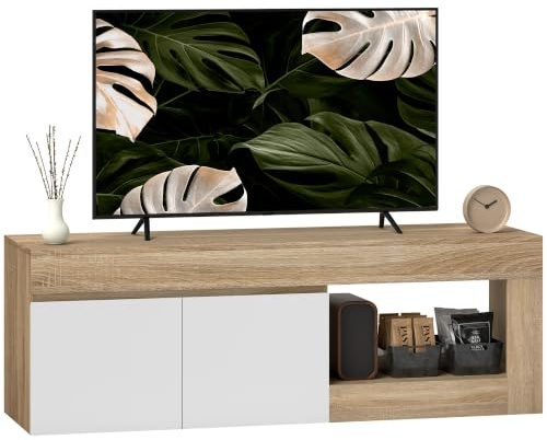 HOMCOM Mobile TV Fino a 60 Armadietto 140x40x48 cm Bianco e Color Legno | 2 Ante Soft Close, Ripiano Aperto, Soggiorno, Camera da Letto, Salotto