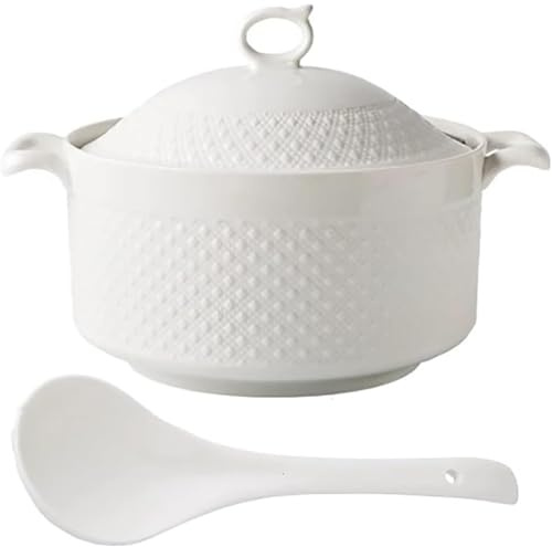 Ceramic Cooking Pot with Lid - Large Porcelain Soup Tureen with Handle and Ladle for Serving