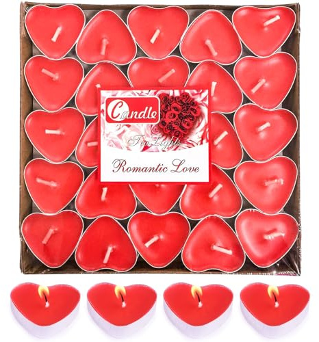 Ovaletta 50 Stücke Rote Herzförmige Teelichter – Romantische Kerzen Ohne Duft & Rauch, 2h Brenndauer – Perfekte Herz Deko für Valentinstag, Heiratsantrag, Hochzeit, Party