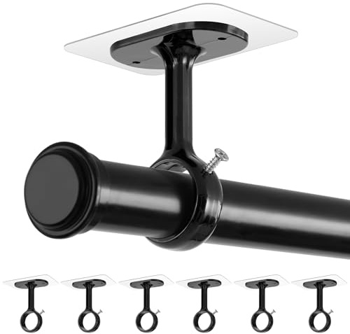 BYSHEGET 6 Supporti per Bastone Tenda Senza Forare per Soffitto e Parete | Adesivi e Avvitabili, per Bastoni Ø20–32 mm, ideali per Bagno, Finestra, Armadio e Cucina(Nero)