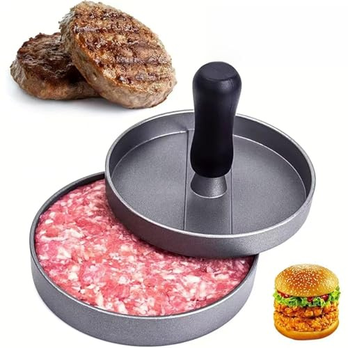 Burger Patty Maker Non-Stick Aluminium Burger Press with 100 Parchment Papers, Detachable Handle, 12cm Diameter, Dishwasher-Safe Suitable for Burgers, Cheeseburgers, Patties (Black Burger Press)