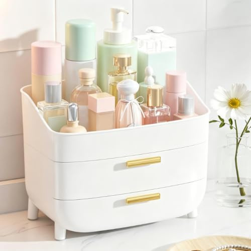 Make Up Organizer mit 2 Schubladen, 3 Ebenen Organizer Schminktisch, Schminktisch Organizer für Schminktisch, Waschtische, Badezimmer, Weiß
