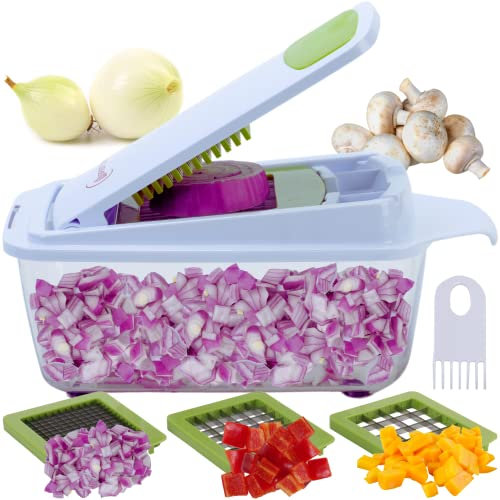 Brieftons QuickPush Food Chopper (BR-QP-02): 200% More Container Capacity, 30% Heavier Duty, Kitchen Vegetable Fruit Dicer, Onion Tomato Potato Fries Cutter, with 3 Dicing Blades & Lid