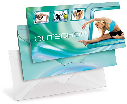 Gutscheinkarten (10 Stück im Set) mit transparenten Briefumschlägen - Geschenkgutscheine für Sport, Fitness-Studio, Physiotherapie - DIN lang Faltkarte verschließbar