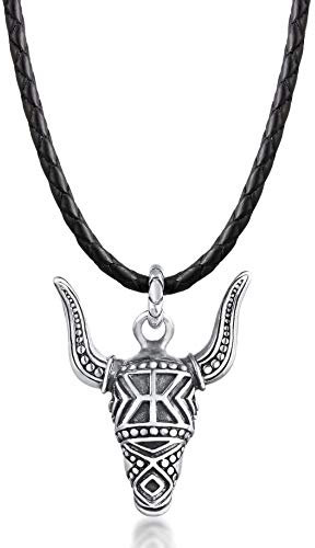 Kuzzoi Herren Leder-Halskette mit Stierkopf Anhänger verziert (29 mm) aus 925 Sterling Silber oxidiert, Echtleder Herrenkette mit Bull Skull geflochten für den Mann, Länge 60 cm