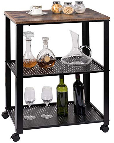 WOLTU Carrello da Cucina a 3 Ripiani, con 4 Ruote Girevoli, per Cucina, Sala da Pranzo, Soggiorno, Legno e Metallo, 60x40x76cm (Nero+Effetto legno vintage)
