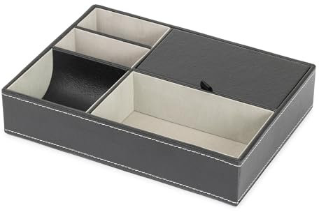 LIVIVO Deluxe 5 Compartment Valet Organiser Tray - Black Textured Leather Faux Suede Lined Mens Jewellery Storage Box with Hinged Lid - Ideal Valentines Gift for Him (Grey)