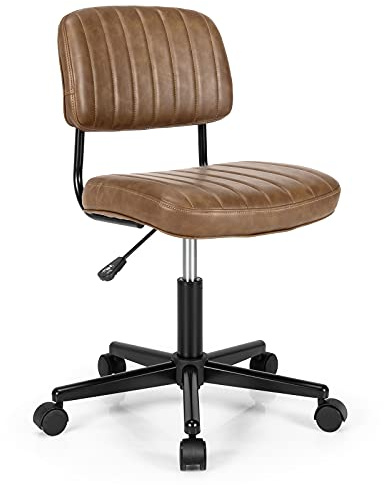 CASART Swivel Office Chair, PU Leather Ergonomic Armless Chair with 5 Rolling Casters, Height Adjustable Mid-Back Seat Task Chairs for Home Office (Brown, 53 x 53 x 75-86cm)