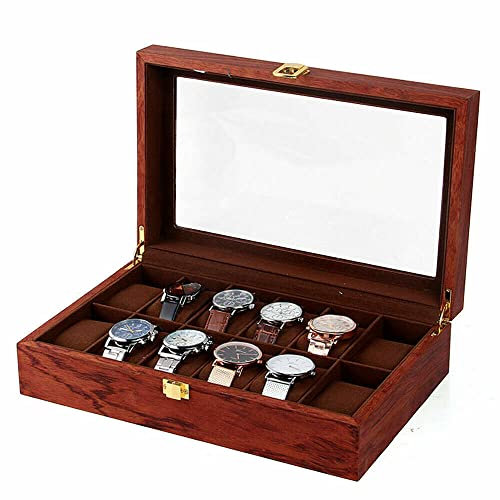Futchoy Uhren Aufbewahrungsbox für 12 Uhren Uhrenbox mit Glasfenster und Uhrenkissen Uhrenkasten aus Echtholz Uhrenkoffer für Damen und Herren 31,5x20x8,2cm