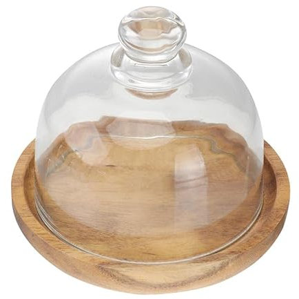 LUCBEI Kuchenständer ServierStänder 1 Set Klarglas Kuchen Tablett Holz Mini Dessert Tabletts Flache Runde Holz Server Kuchenständer mit Glaskuppel Küche Kuchenabdeckung Tortenständer