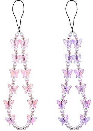 Jagowa 2PCS Phone Charm Pearl Lanyard Wrist Straps Bling Crystal Butterfly Pendant Anti Lost Mobile Phone Chain for Women Girl, Pink, Purple