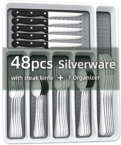 49-Piece Silverware Set with Organizer, CEKEE Stainless Steel Flatware Cutlery Set Service for 8, Mirror Polished Kitchen Utensils Set with Steak Knives Included Spoons and Forks Set & Tray