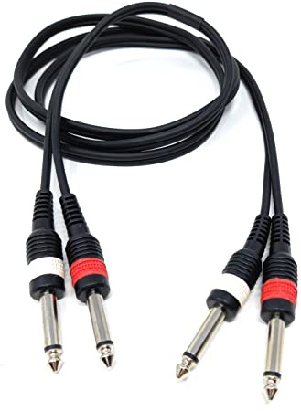 1.5m Twin 6.35mm Mono Shielded Cable Lead, 2 x Jack to 2 x Jack | Rubber Reliefs, Helical PVC Cord, Nickel Connectors, 5ft