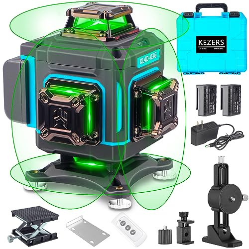 KEZERS Laser Level 360 Self Leveling,4 x 360 Laser Level with Screen Green Laser Level Line tool Leveling and Alignment Laser Tool with Pulse Mode for Construction and Picture Hanging,Remote Control