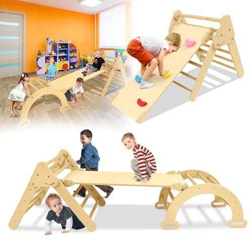 Yznahre 3 in 1 Klettergerüst, Kletterbogen Kletterbrett Kletterdreieck Indoor für Kleinkinder, Faltbarer Kletterdreieck Kletterleiter Rutsche Holz Kletterset max. 40KG