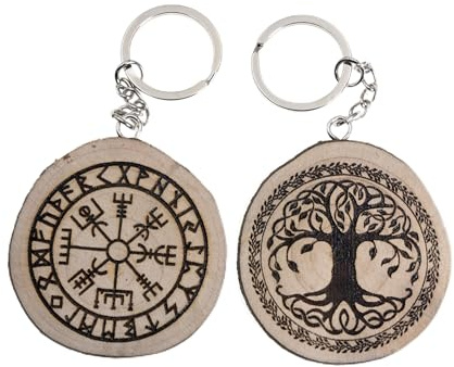 Generico Portachiavi in legno naturale con albero della vita e Vegvisir, talismano scandinavo, bussola runica