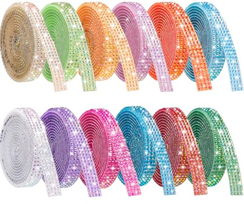 NiArt Selbstklebende Kristall Strass Set, 12 Farben, 12 Yards | Bling Glitzersteine Selbstklebend, Strasssteine zum Kleben für DIY-Basteln, Hochzeit, Party Dekorationen (0,9 cm Breite)